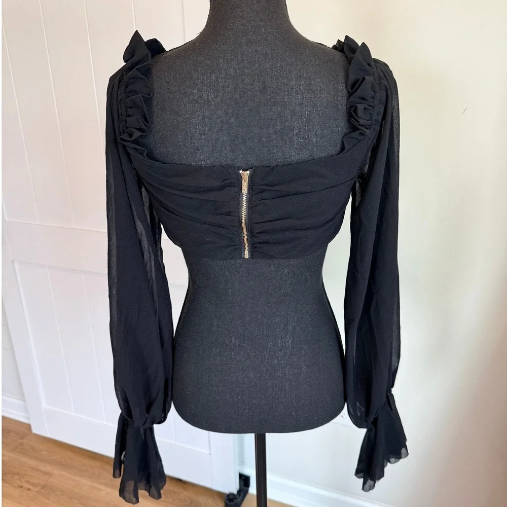 House of CB Giuliana Black Ruched Crop Top Sheer Long Sleeve Blouse Size L